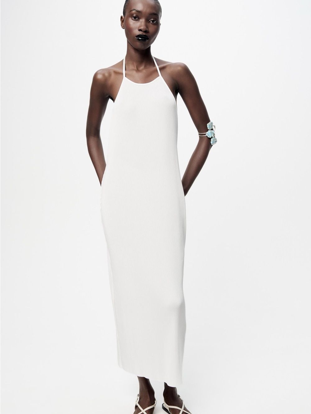 Zara | Pleated Backless Halter Dress in White NWT